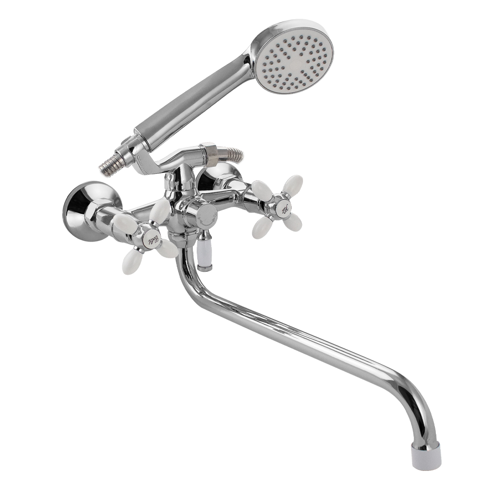 СЕРП и МОЛОТ - Смеситель в ванную длинный излив, с белыми вставками, металлокерамика